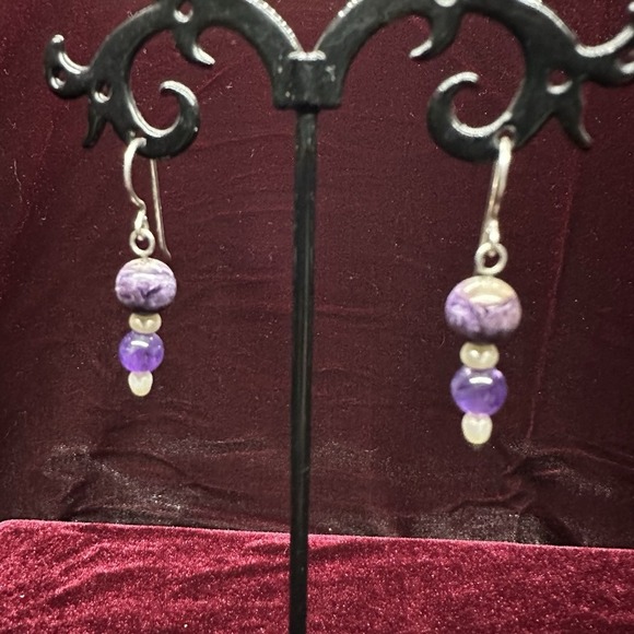 Handmade Purple Dangle Style Amethyst & Pearl Earrings Artisan - Picture 1 of 2